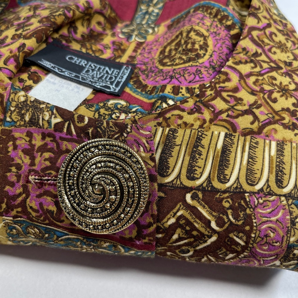 Vintage Christine‎ David Printed Button Front Blouse in Gold, Pink & Brown M